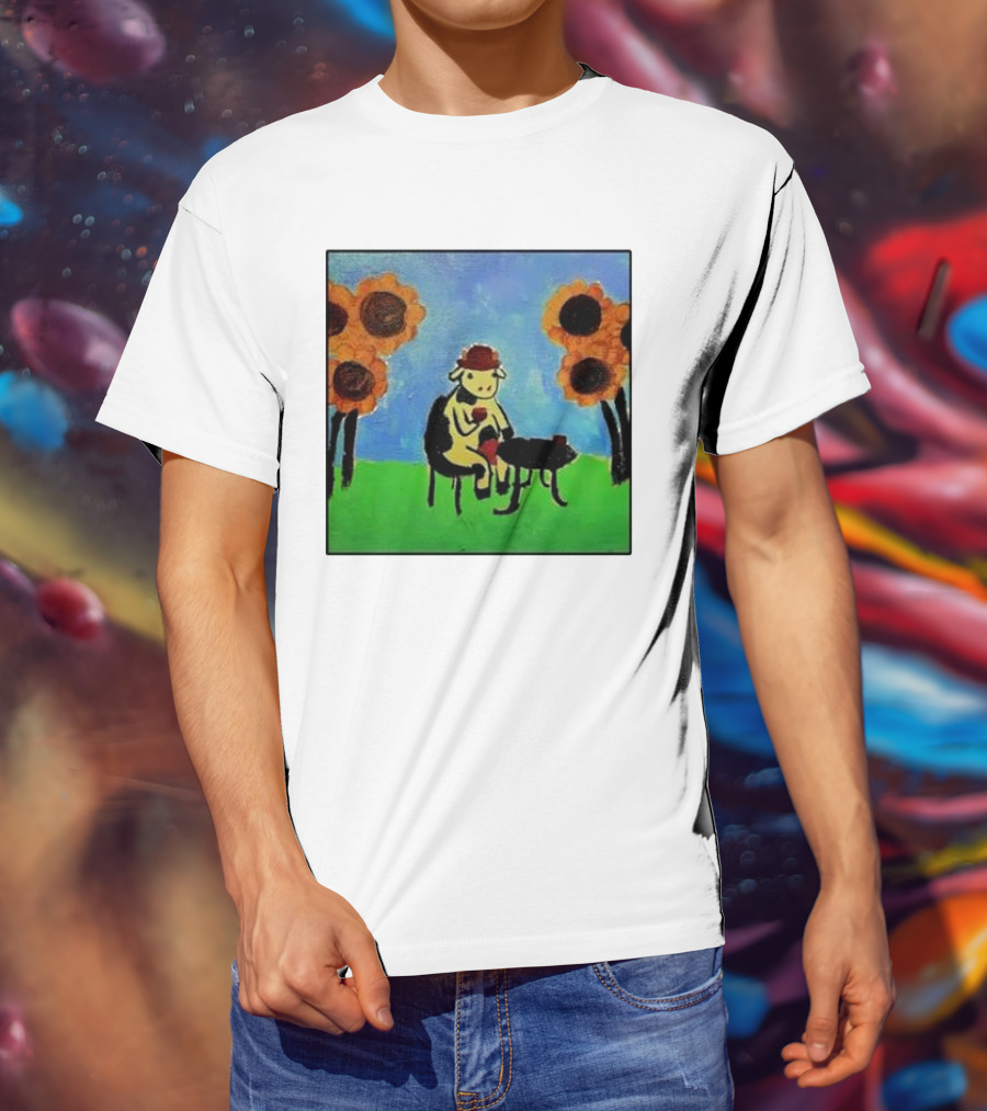 Cow Painting With Sunflowers And Tea Party Scene T-Shirt
