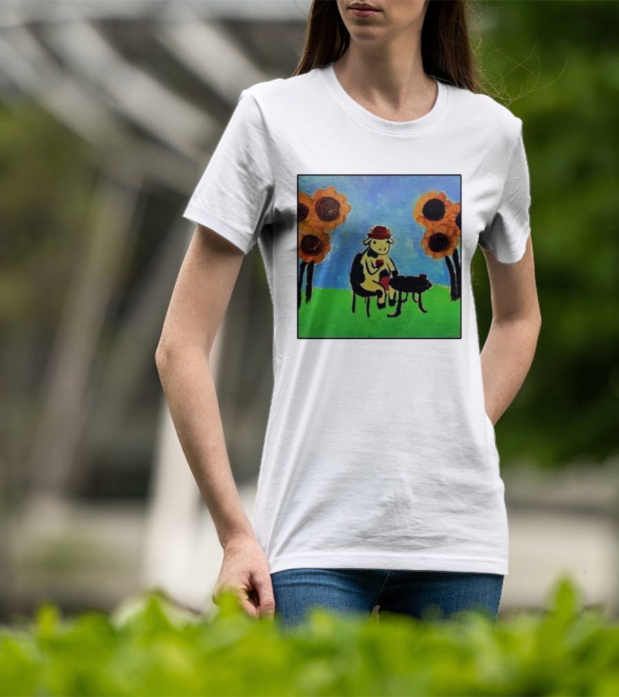Cow Painting With Sunflowers And Tea Party Scene T-Shirt