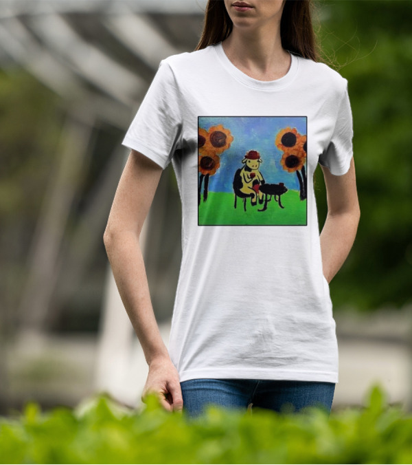 Cow Painting With Sunflowers And Tea Party Scene T-Shirt