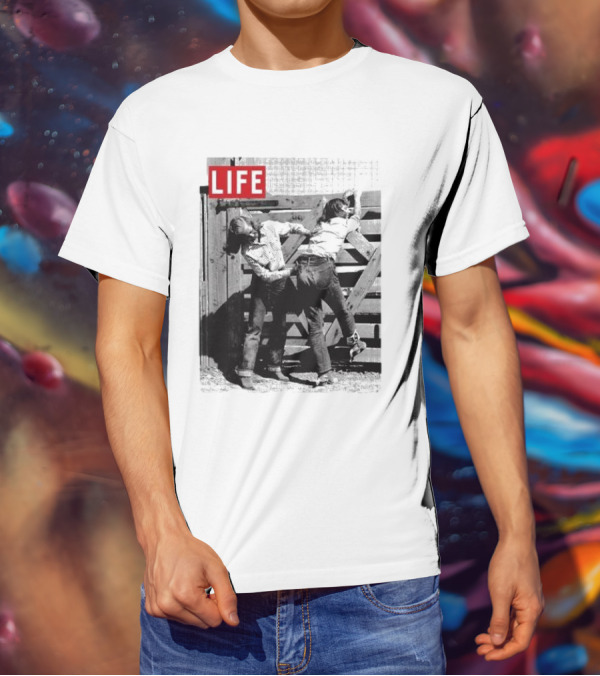 Life Magazine Cowboy Boys Playful Dust Off Fence Scene T-Shirt