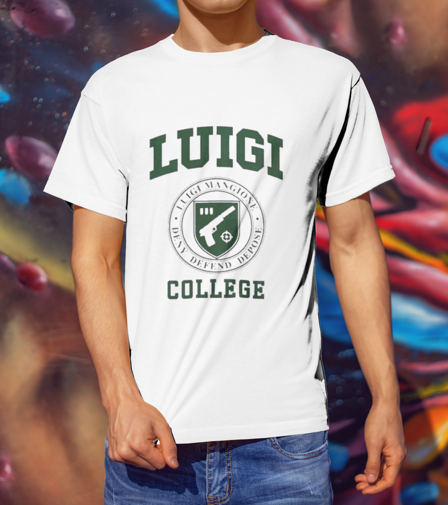 Luigi Mangione Deny Defend Depose College Gun Emblem T-Shirt