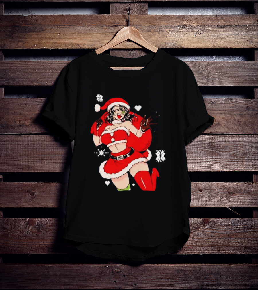 Supps Waifu Uwu Ugly Christmas Santa Anime Girl In Red Outfit With Snowflakes And Hearts T-Shirt