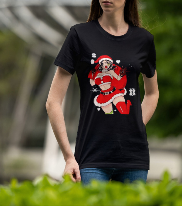 Supps Waifu Uwu Ugly Christmas Santa Anime Girl In Red Outfit With Snowflakes And Hearts T-Shirt