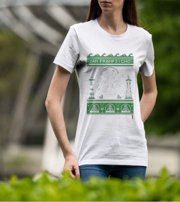 San Franpsycho Sfp Holiday Bridge Towers Snowflakes Green Holiday T-Shirt