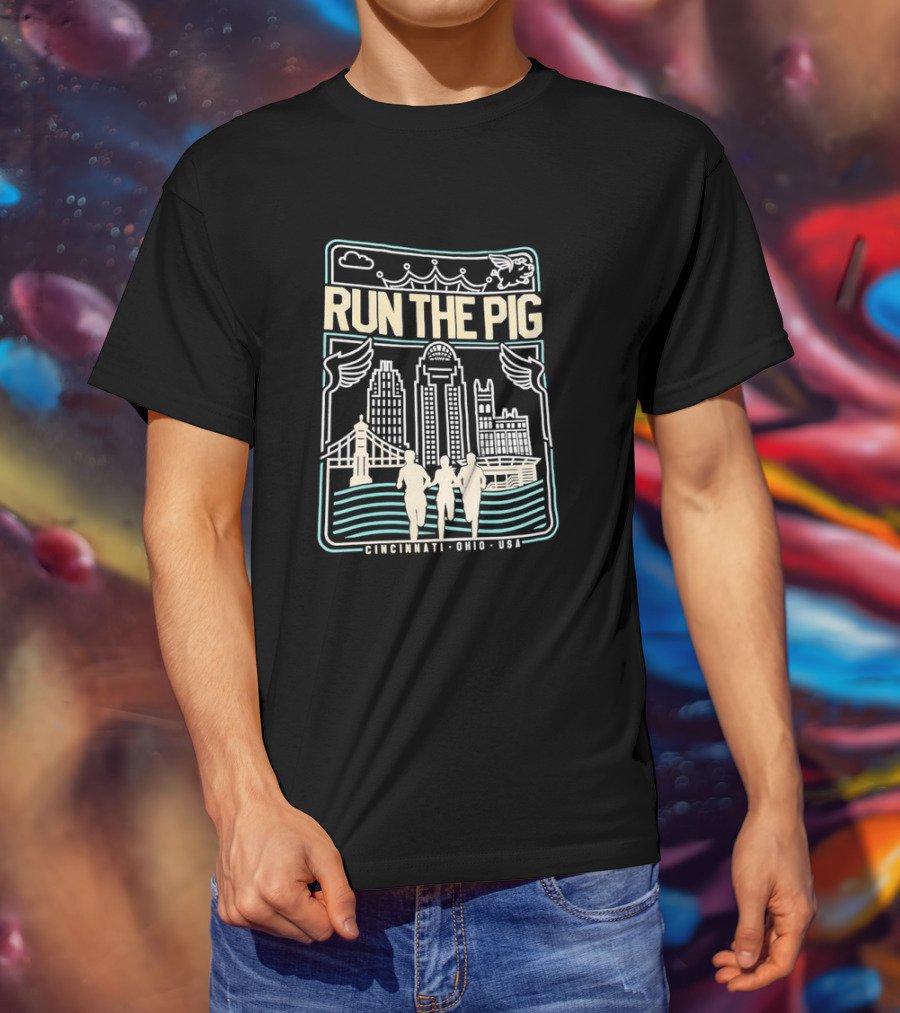 RUN THE PIG Skyline And Runners Cincinnati Ohio USA T-Shirt