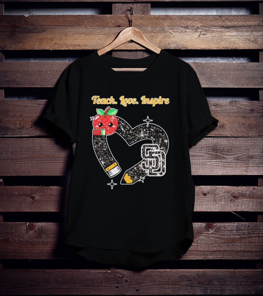Teach Love Inspire San Diego Padres Sparkling Heart Apple Pencil T-Shirt