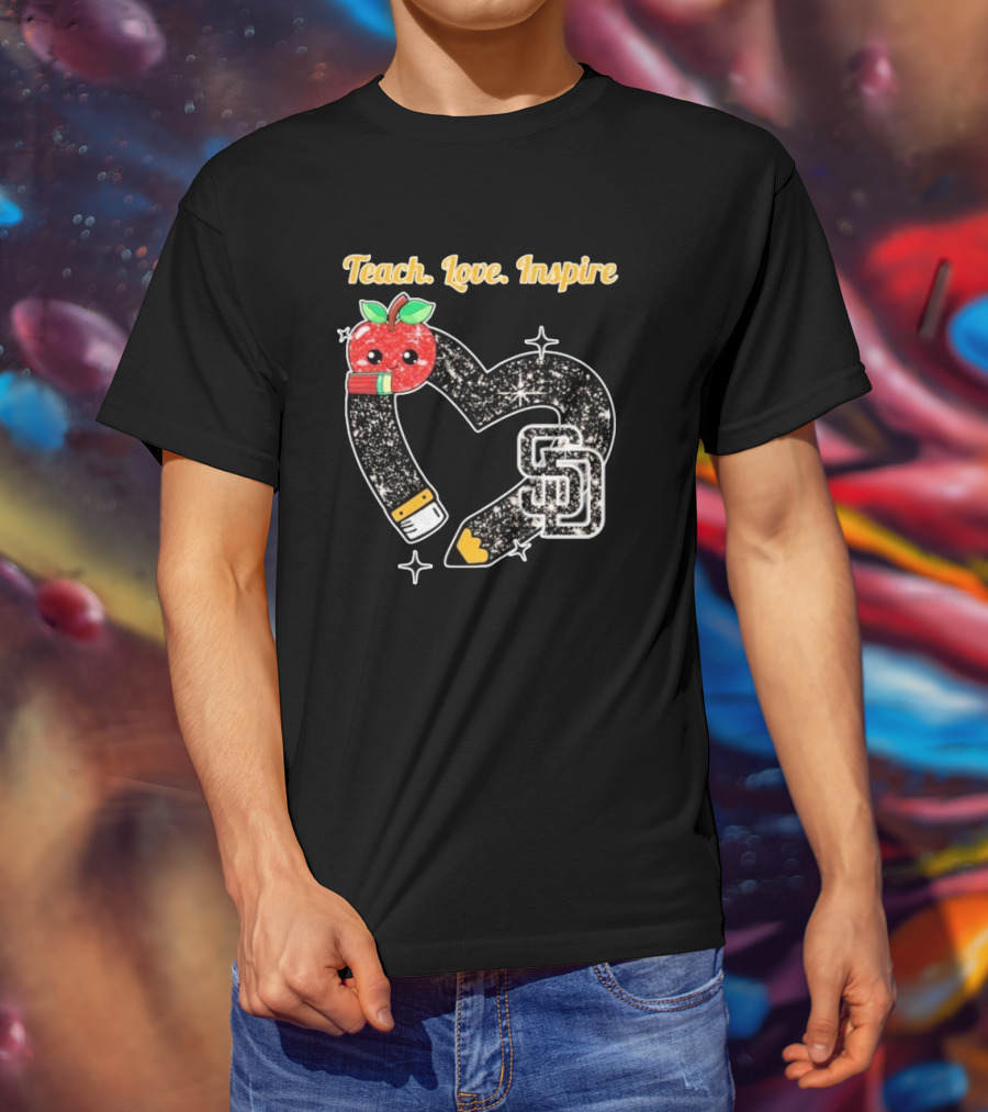 Teach Love Inspire San Diego Padres Sparkling Heart Apple Pencil T-Shirt