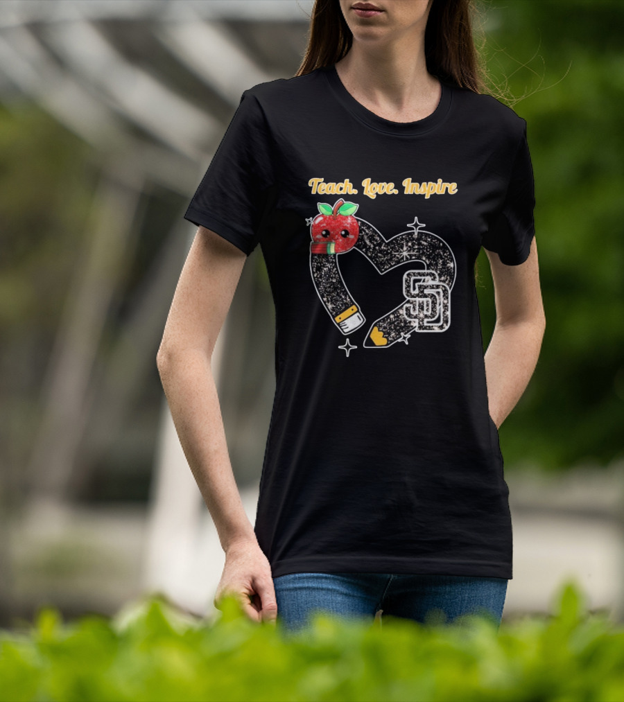 Teach Love Inspire San Diego Padres Sparkling Heart Apple Pencil T-Shirt