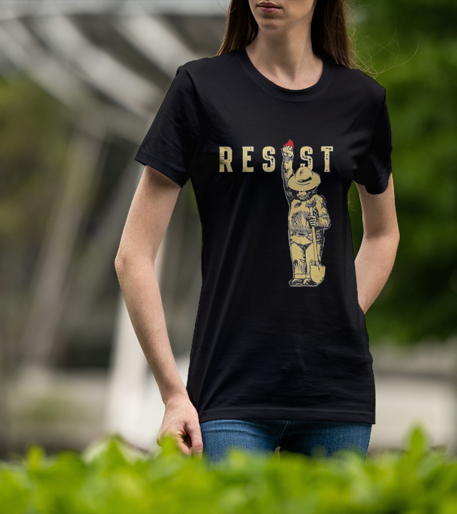 "Smokey Resist Firefighter Bear With Raised Fist And Shovel" T-Shirt