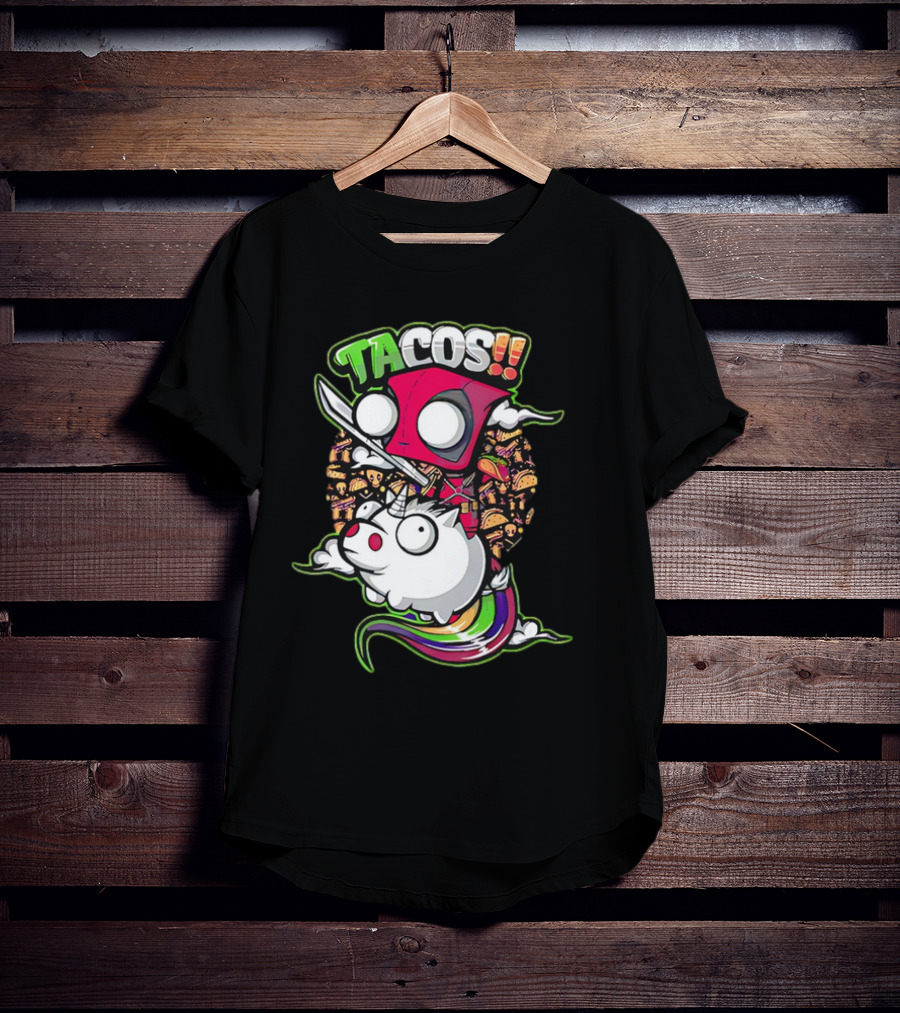 Tacos Deadpool Riding Unicorn Surrounded By Tacos Cartoon T-Shirt
