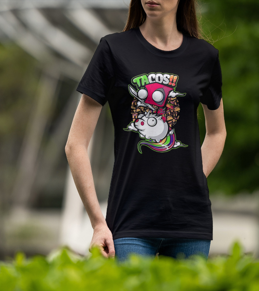 Tacos Deadpool Riding Unicorn Surrounded By Tacos Cartoon T-Shirt