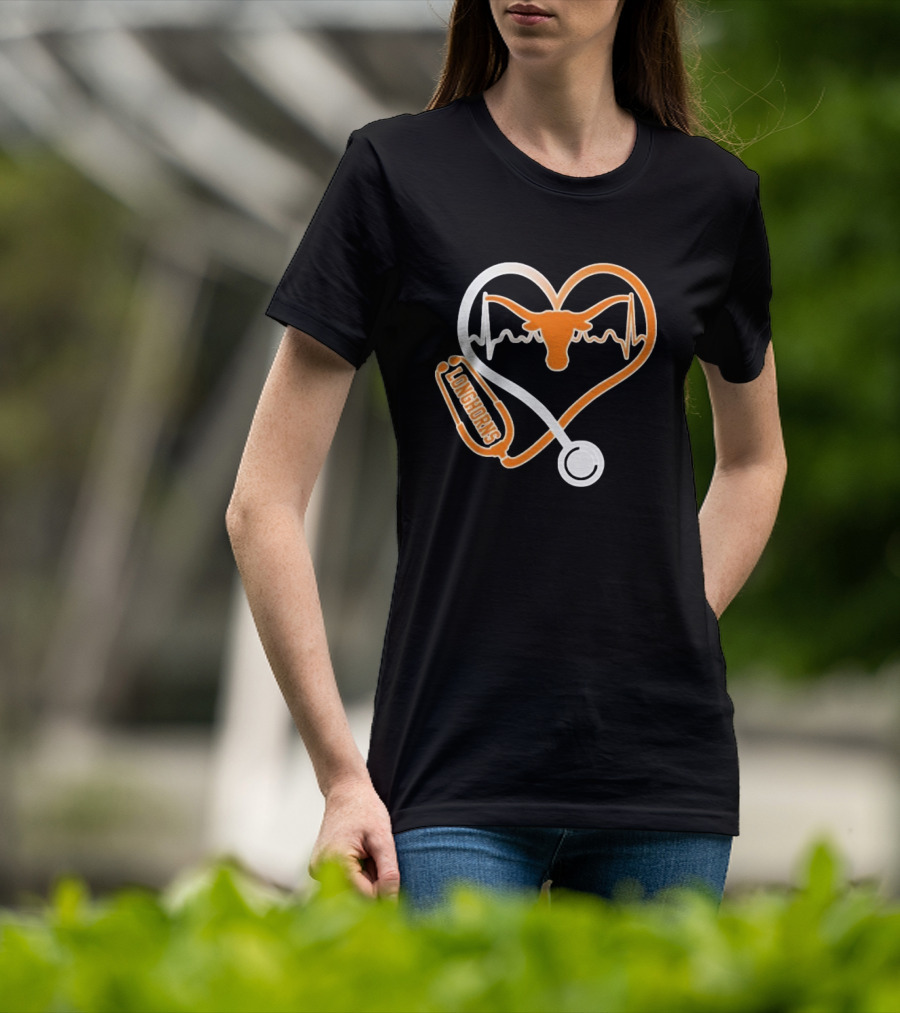 Texas Longhorns Caring Hearts Nurse Stethoscope Heartbeat T-Shirt