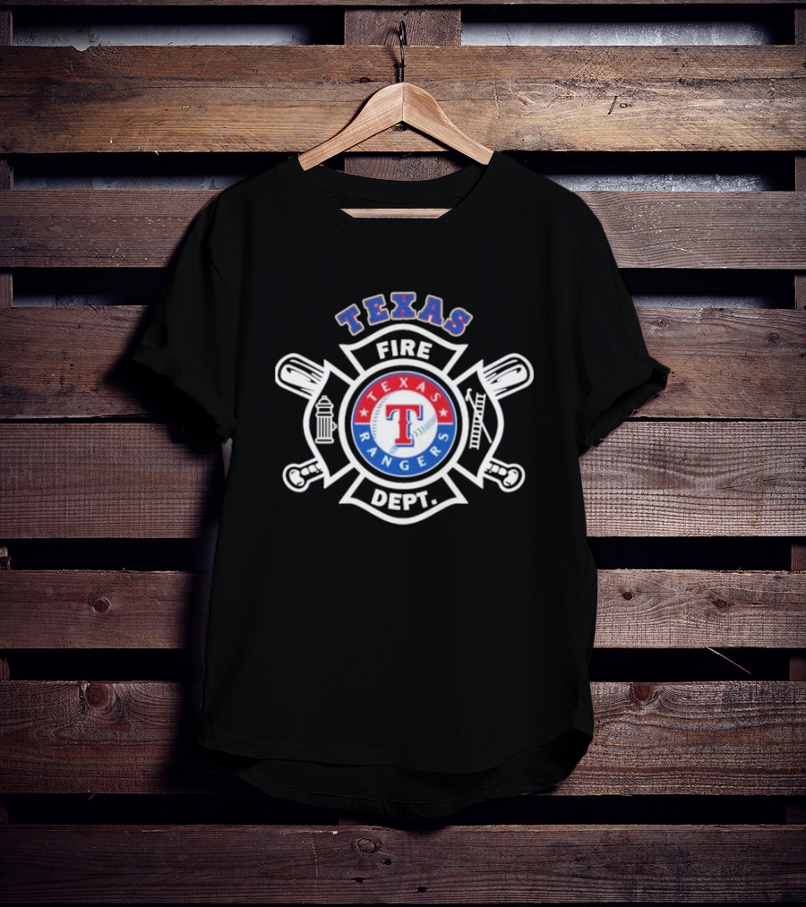 Texas Rangers Fire Dept Firefighters Maltese Cross Badge T-Shirt