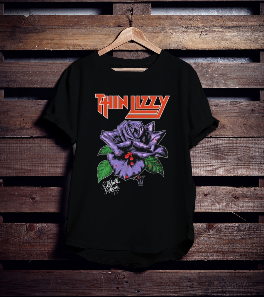 Thin Lizzy Black Rose With Purple Flower And Green Leaves T-Shirt
