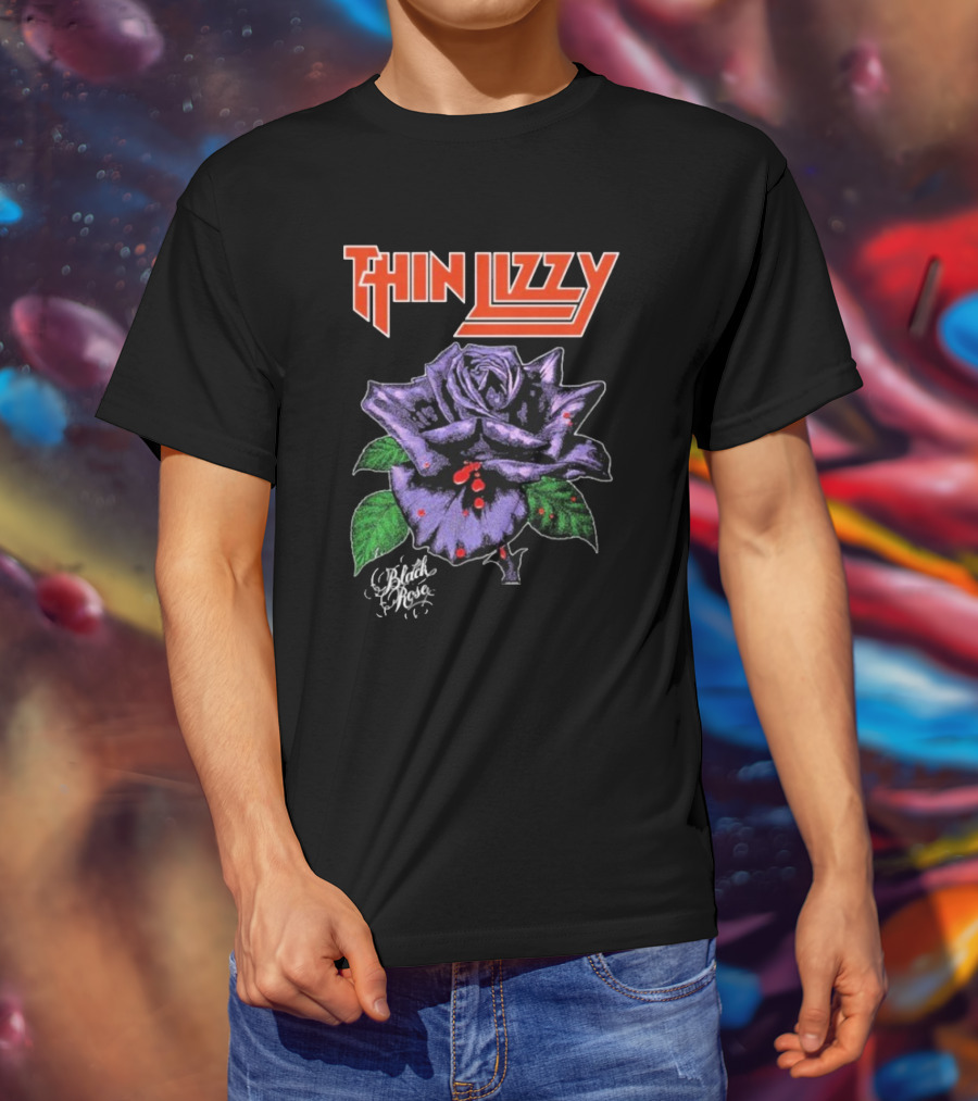 Thin Lizzy Black Rose With Purple Flower And Green Leaves T-Shirt