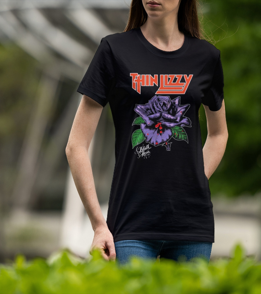 Thin Lizzy Black Rose With Purple Flower And Green Leaves T-Shirt