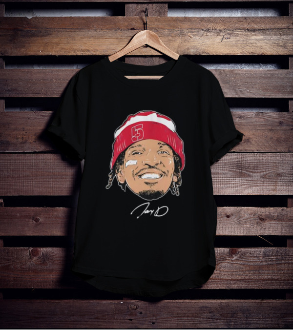 Washington Commanders Jayden Daniels Signature Face Bandage Number 5 Beanie T-Shirt
