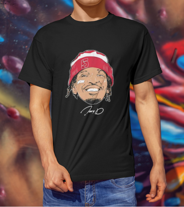 Washington Commanders Jayden Daniels Signature Face Bandage Number 5 Beanie T-Shirt
