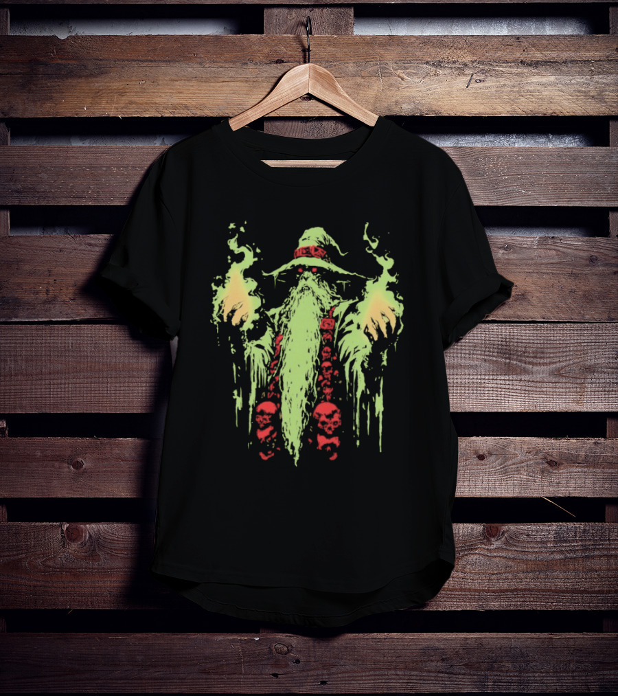 Wizard Of Doom Psychedelic Wizardry With Glowing Aura And Skull Elements T-Shirt