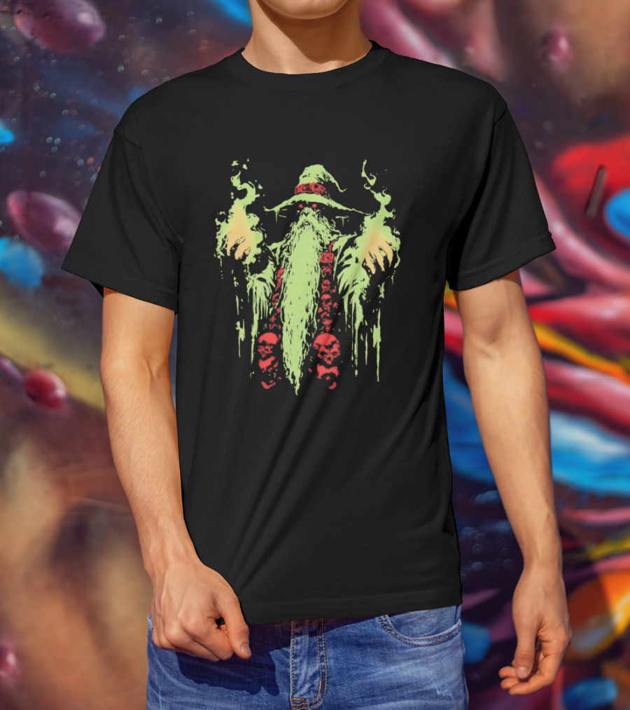 Wizard Of Doom Psychedelic Wizardry With Glowing Aura And Skull Elements T-Shirt