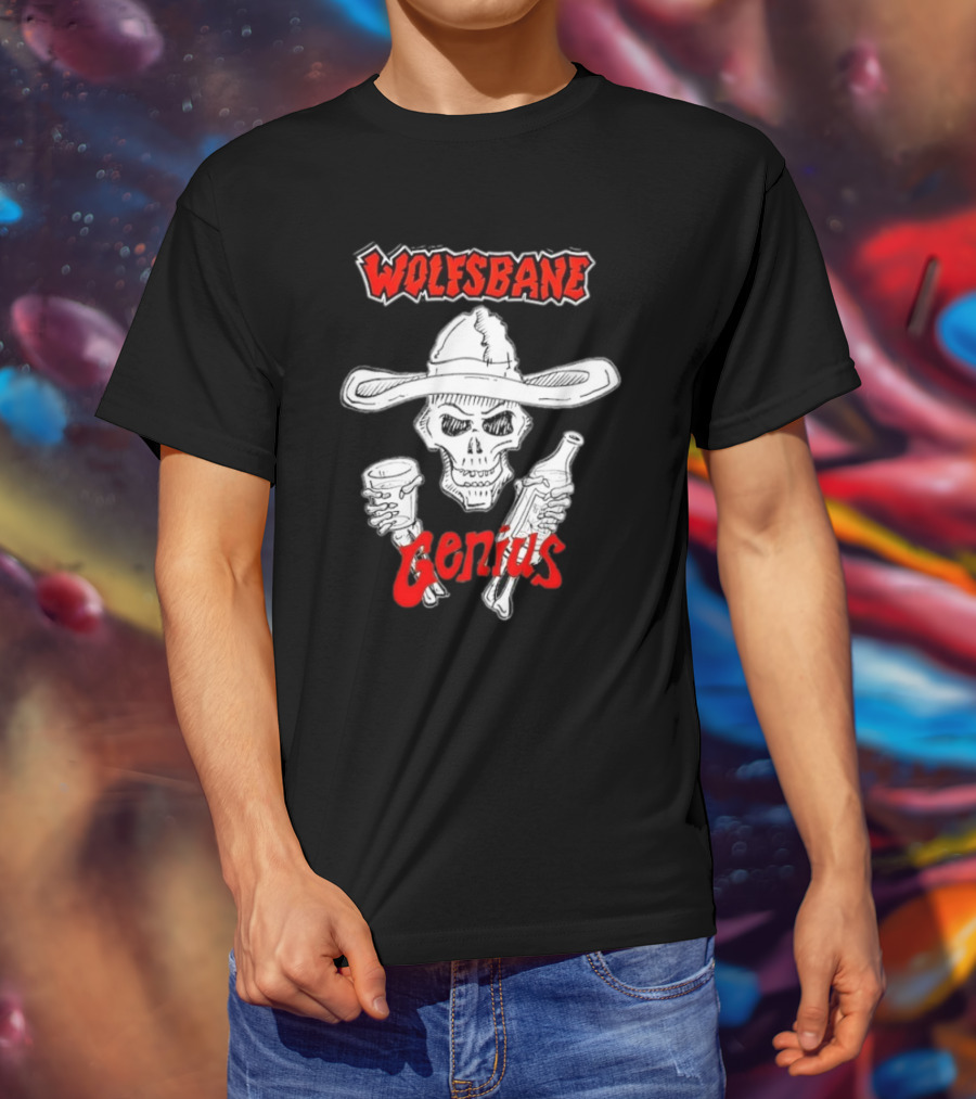 Wolfsbane Genius Skull With Cowboy Hat And Drinks T-Shirt