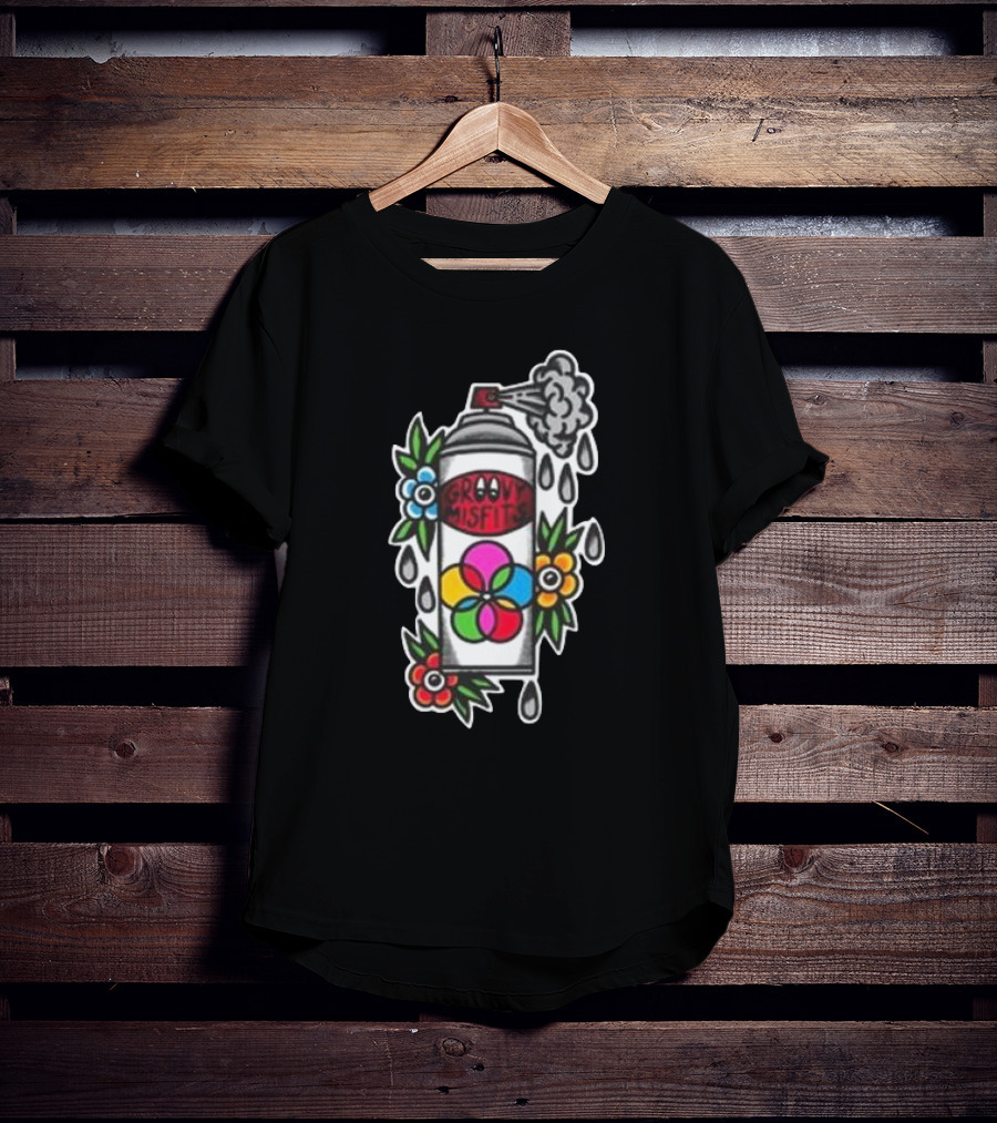 Tan Clemons Groovy Misfits Rattle Can Flower Power Design T-Shirt