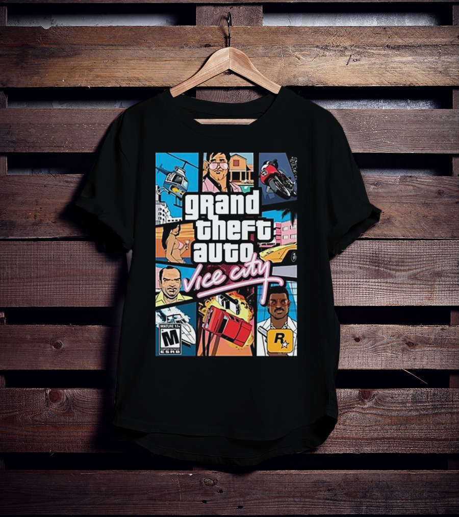 Grand Theft Auto Vice City Game Cover Art Helicopter Motorcycle Car Explosion R Star Logo T-Shirt
