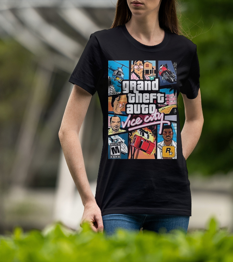 Grand Theft Auto Vice City Game Cover Art Helicopter Motorcycle Car Explosion R Star Logo T-Shirt