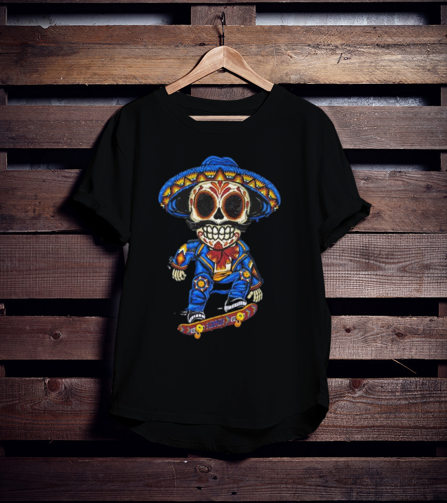 Mariachi Skull Skateboarding In Colorful Traditional Outfit T-Shirt