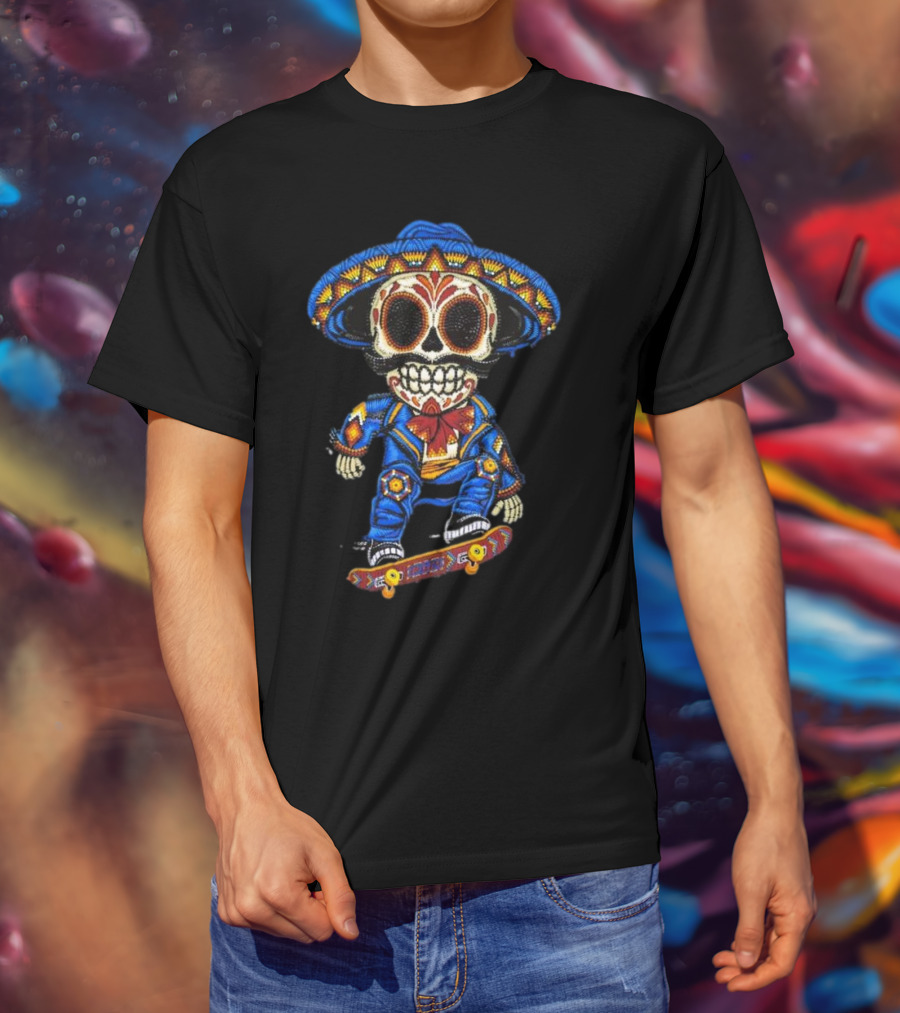 Mariachi Skull Skateboarding In Colorful Traditional Outfit T-Shirt