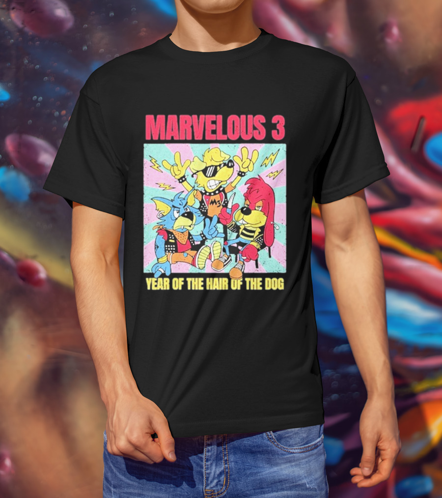 Marvelous 3 Year Of The Hair Of The Dog Cartoon Dogs With Punk Outfits And Sunglasses T-Shirt