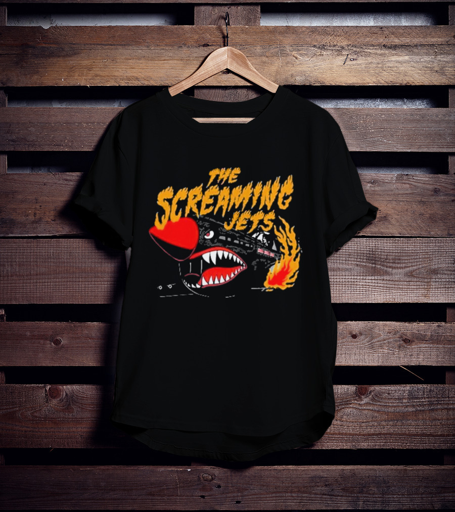 The Screaming Jets Flaming Jet With Fiery Cartoon Jet Fighter T-Shirt