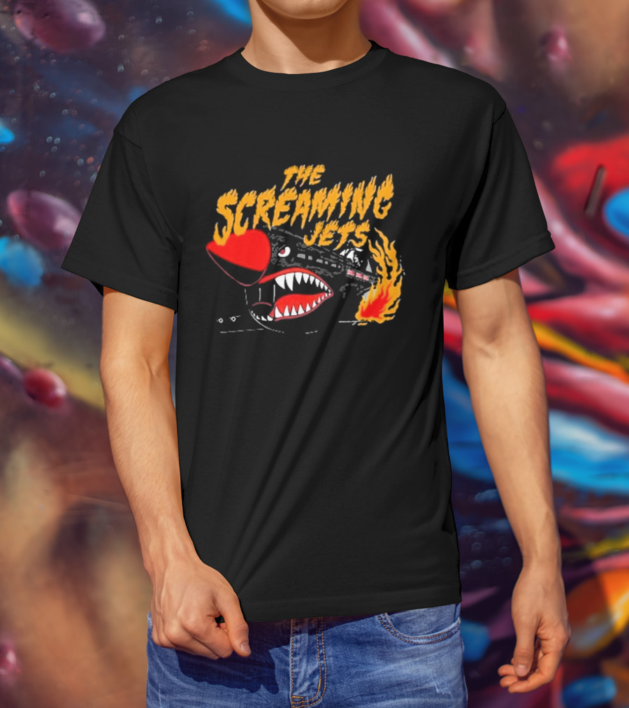 The Screaming Jets Flaming Jet With Fiery Cartoon Jet Fighter T-Shirt