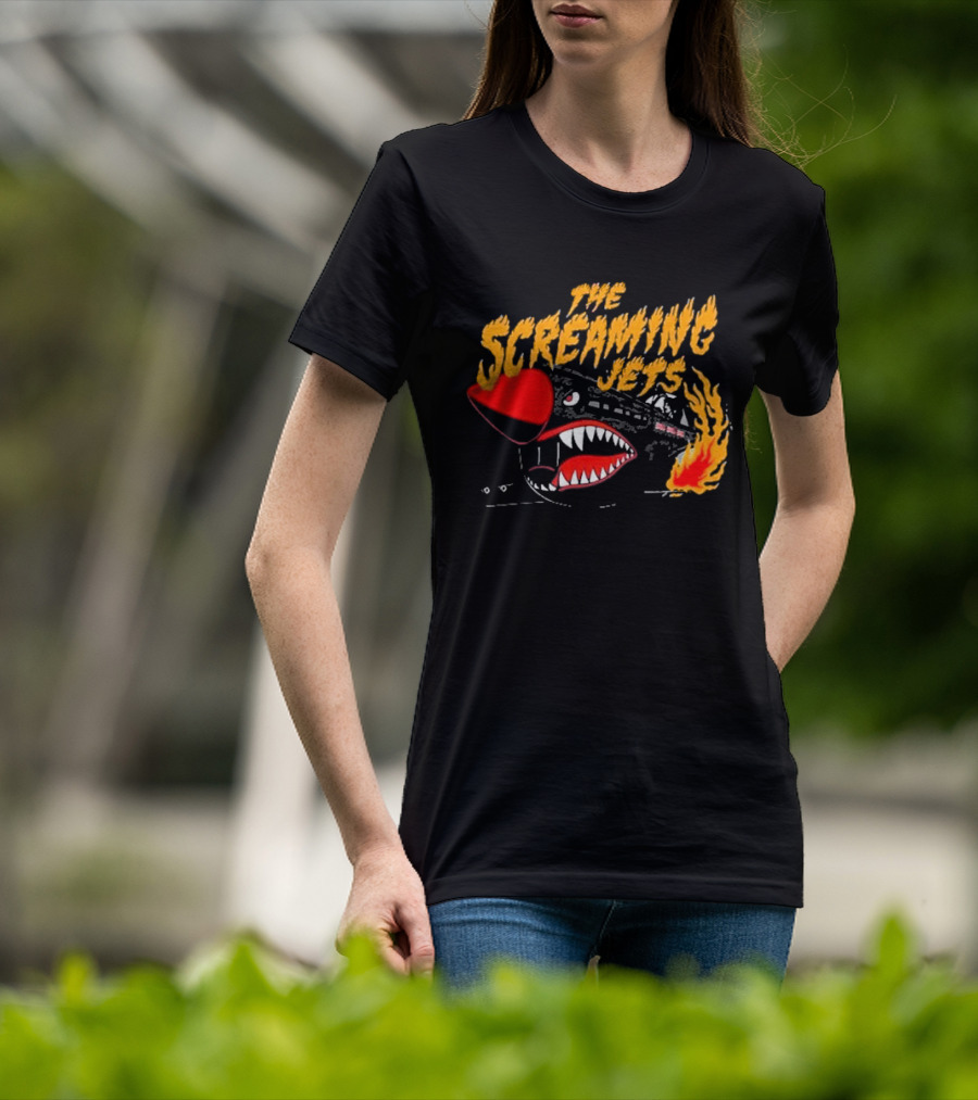 The Screaming Jets Flaming Jet With Fiery Cartoon Jet Fighter T-Shirt