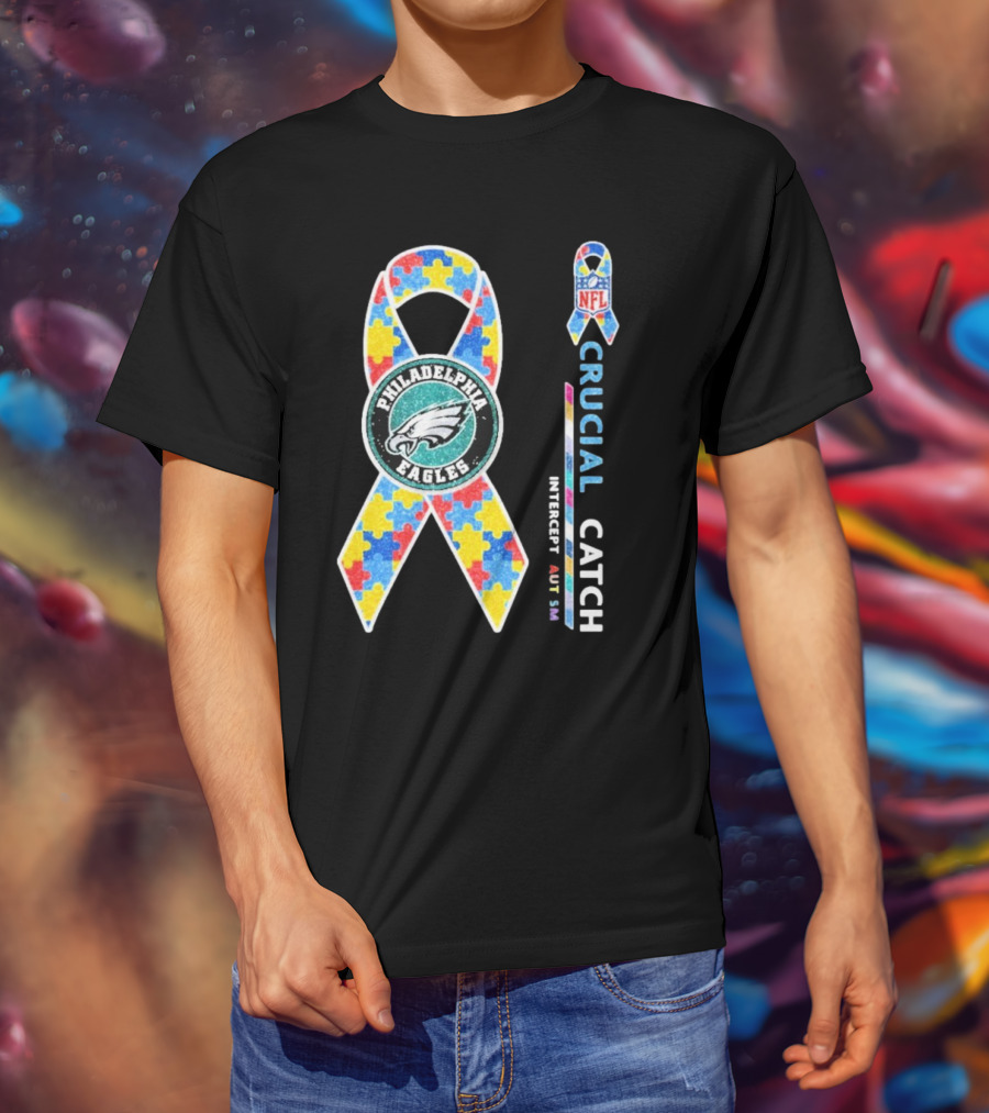 Philadelphia Eagles Autism Awareness Crucial Catch NFL Puzzle Ribbon T-Shirt