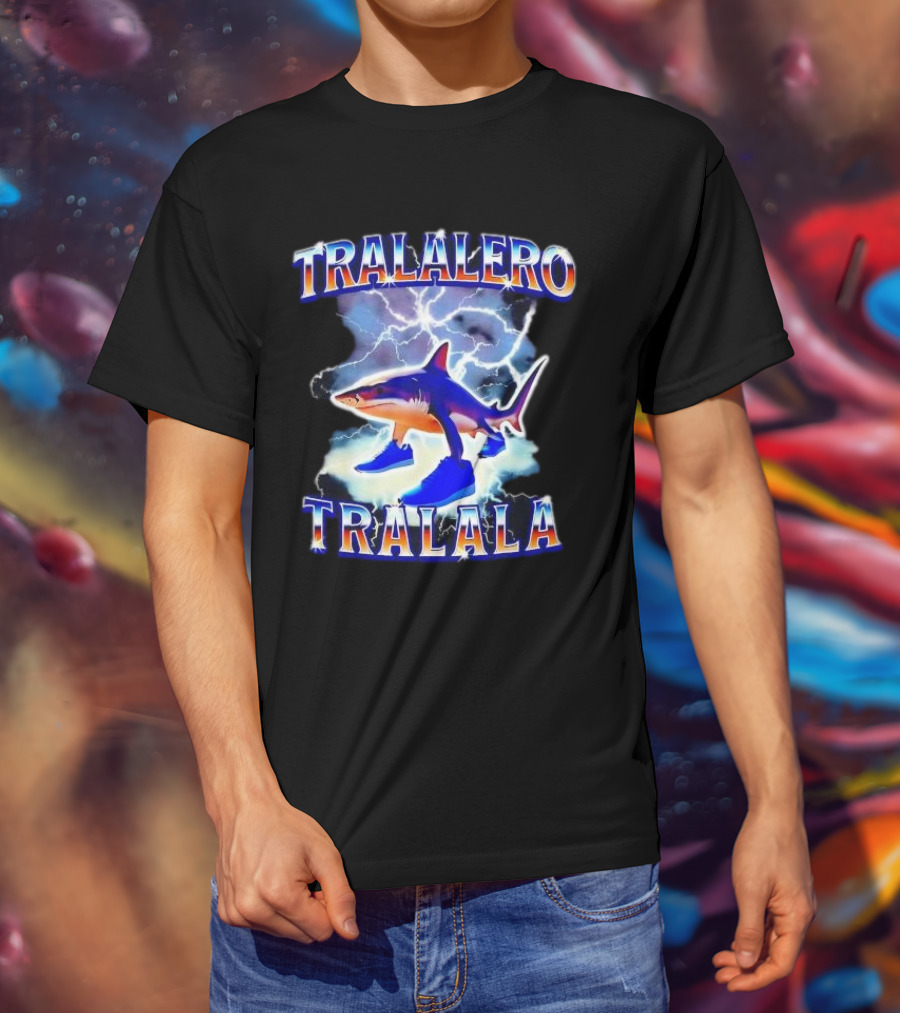 TRALALERO TRALALA Shark With Sneakers Lightning Background T-Shirt