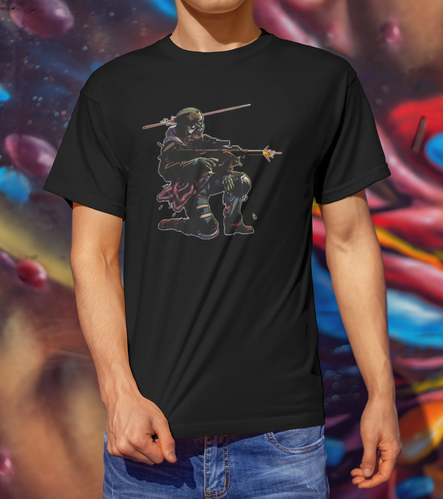 Velion Tactical Zombie Warrior With Sniper Rifle Kneeling Scene T-Shirt