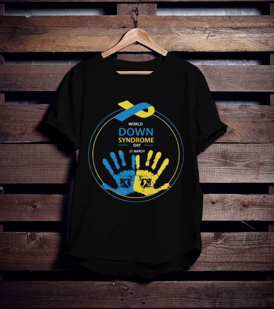 World Down Syndrome Day 21 March Blue Yellow Handprint Ribbon T-Shirt