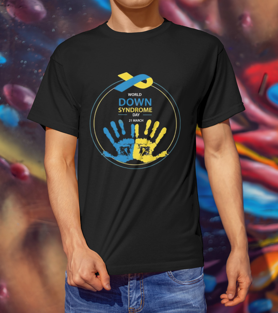World Down Syndrome Day 21 March Blue Yellow Handprint Ribbon T-Shirt