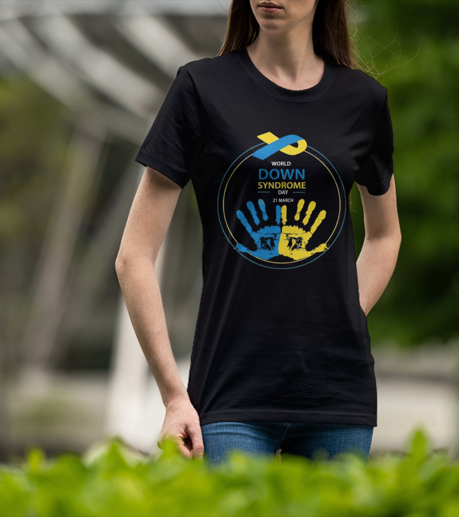 World Down Syndrome Day 21 March Blue Yellow Handprint Ribbon T-Shirt
