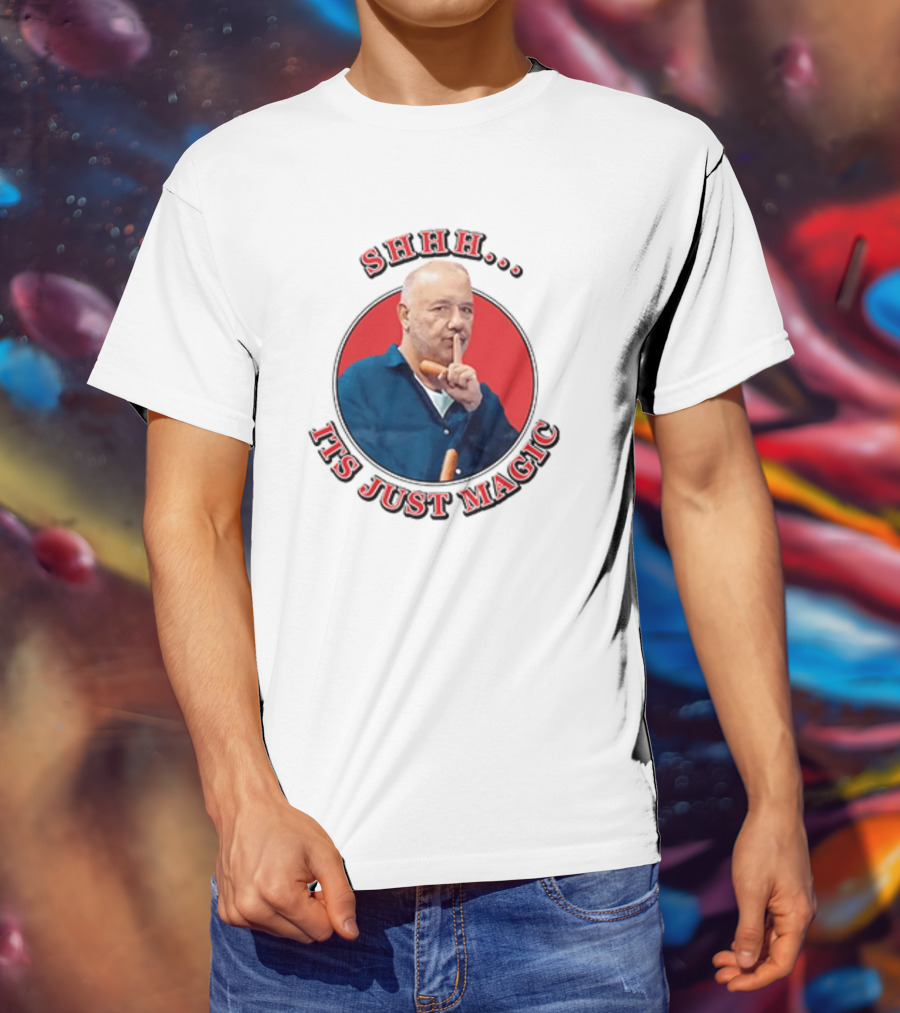 Bob Mortimer Shhh It's Just Magic Finger Gesture Silence Humor T-Shirt