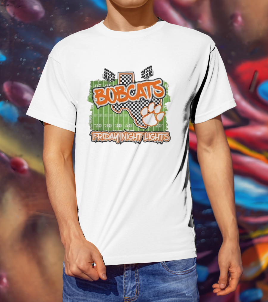 Bobcats Friday Night Lights Texas Football Paw Print Field Checkerboard T-Shirt
