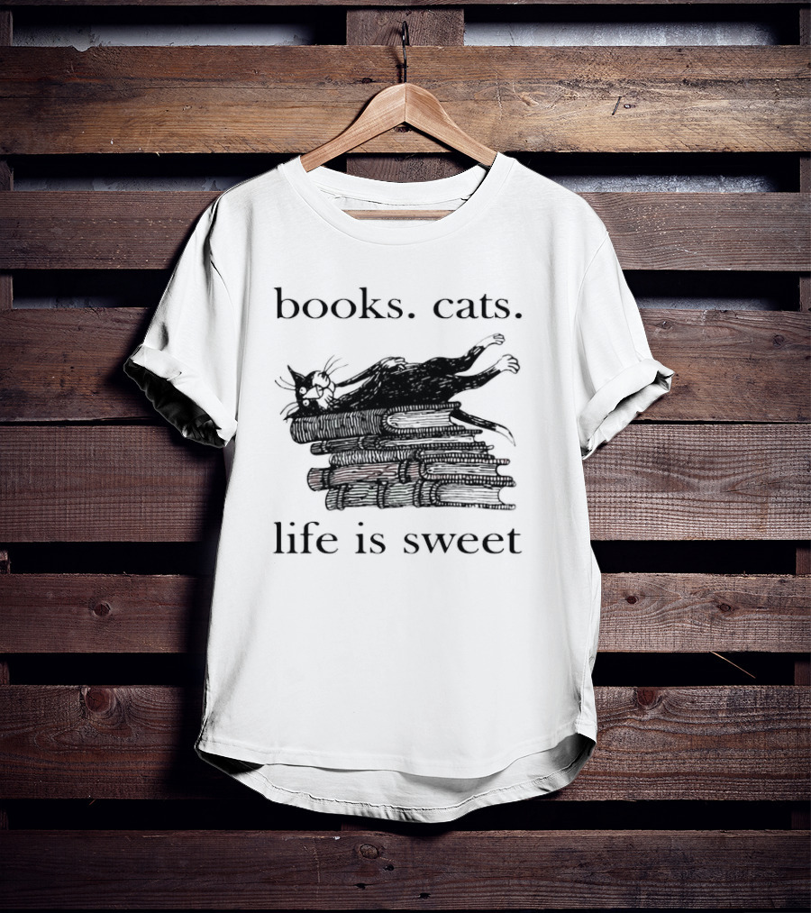 Books Cats Life Is Sweet Relaxing Cat On Stacked Books With Coffee Cup T-Shirt