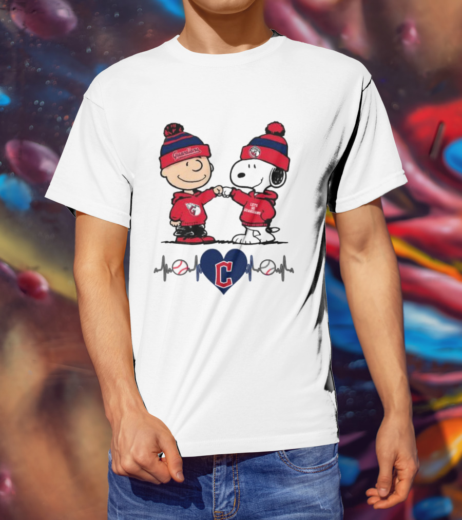 Charlie Brown Snoopy Cleveland Guardians Heartbeat Guardians Cap And T-Shirt