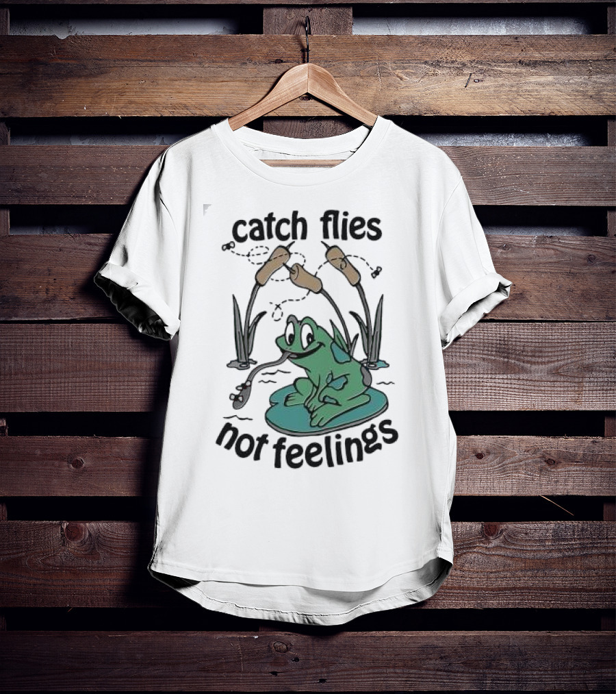Catch Flies Not Feelings Frog On Lily Pad With Swirling Flies T-Shirt