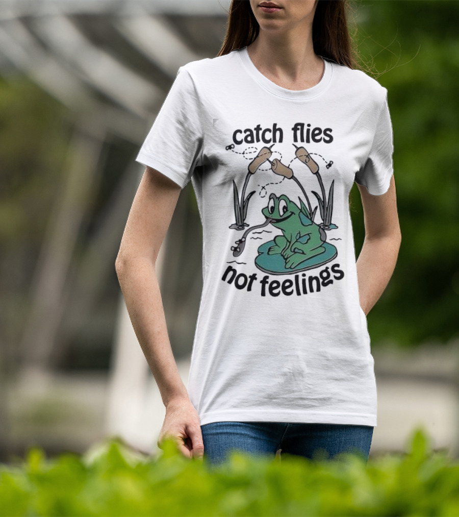 Catch Flies Not Feelings Frog On Lily Pad With Swirling Flies T-Shirt