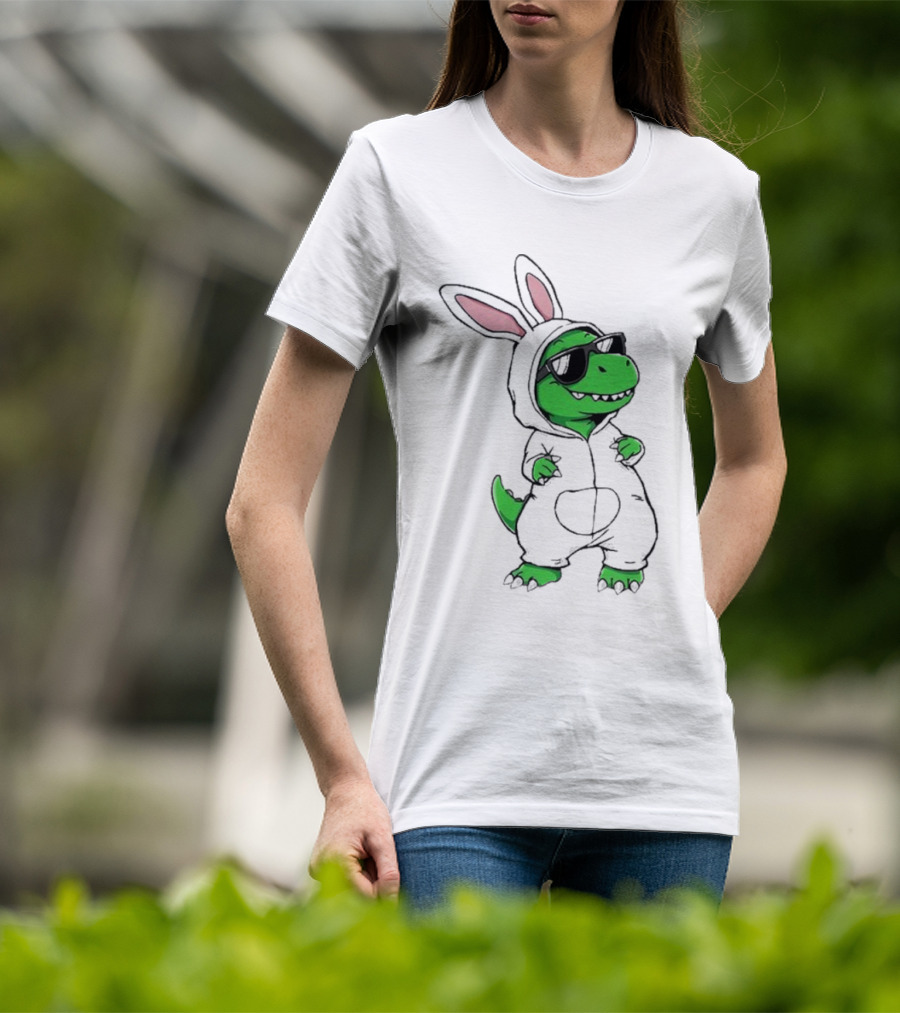 Cool Dino Wearing Easter Bunny Rabbit Costume With Sunglasses T-Shirt