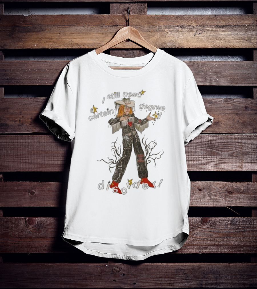 Cowboy Hayley I Still Need A Certain Degree Of Disorder Star Motif Western Outfit White Cowboy Hat Fringe Red Boots T-Shirt