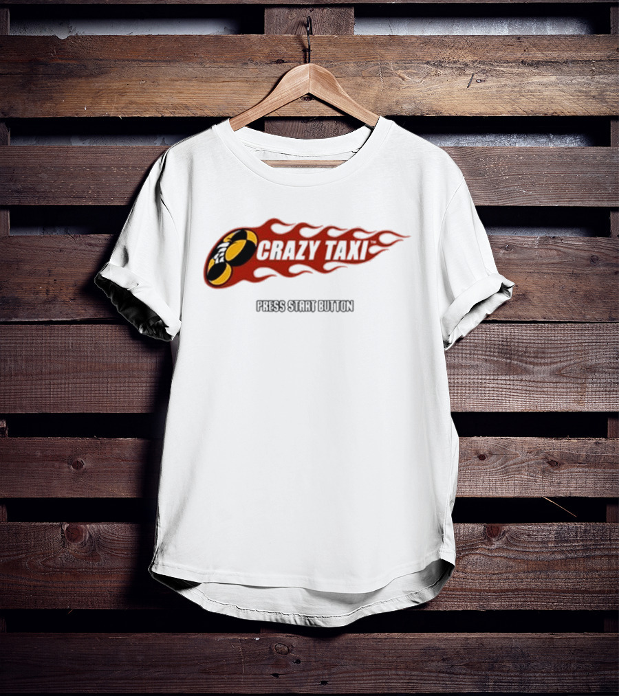 Crazy Taxi Press Start Button Iconic Video Game Flames Graphic T-Shirt