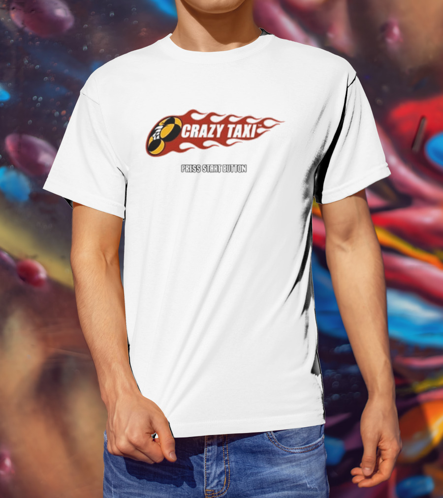 Crazy Taxi Press Start Button Iconic Video Game Flames Graphic T-Shirt